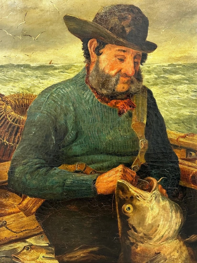 Newlyn 19th Century Marine Oil Painting Portrait Cornish Fisherman Hooked Catch - 3