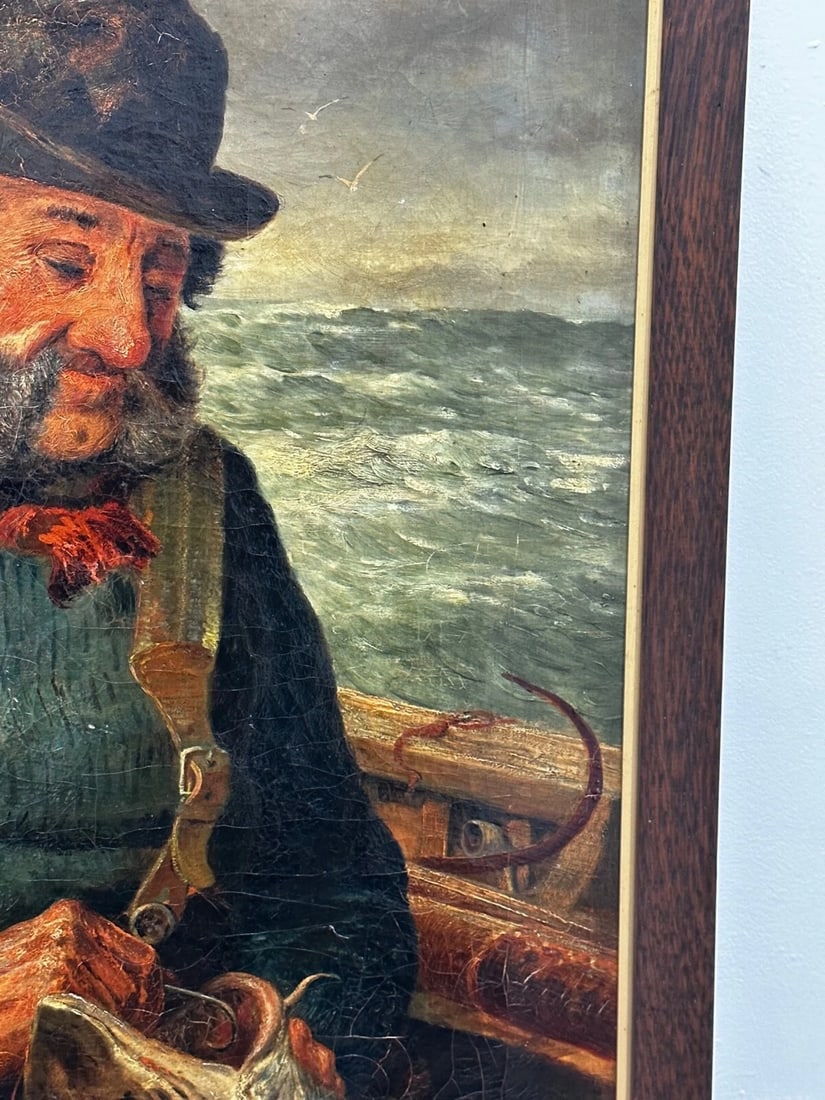 Newlyn 19th Century Marine Oil Painting Portrait Cornish Fisherman Hooked Catch - 5