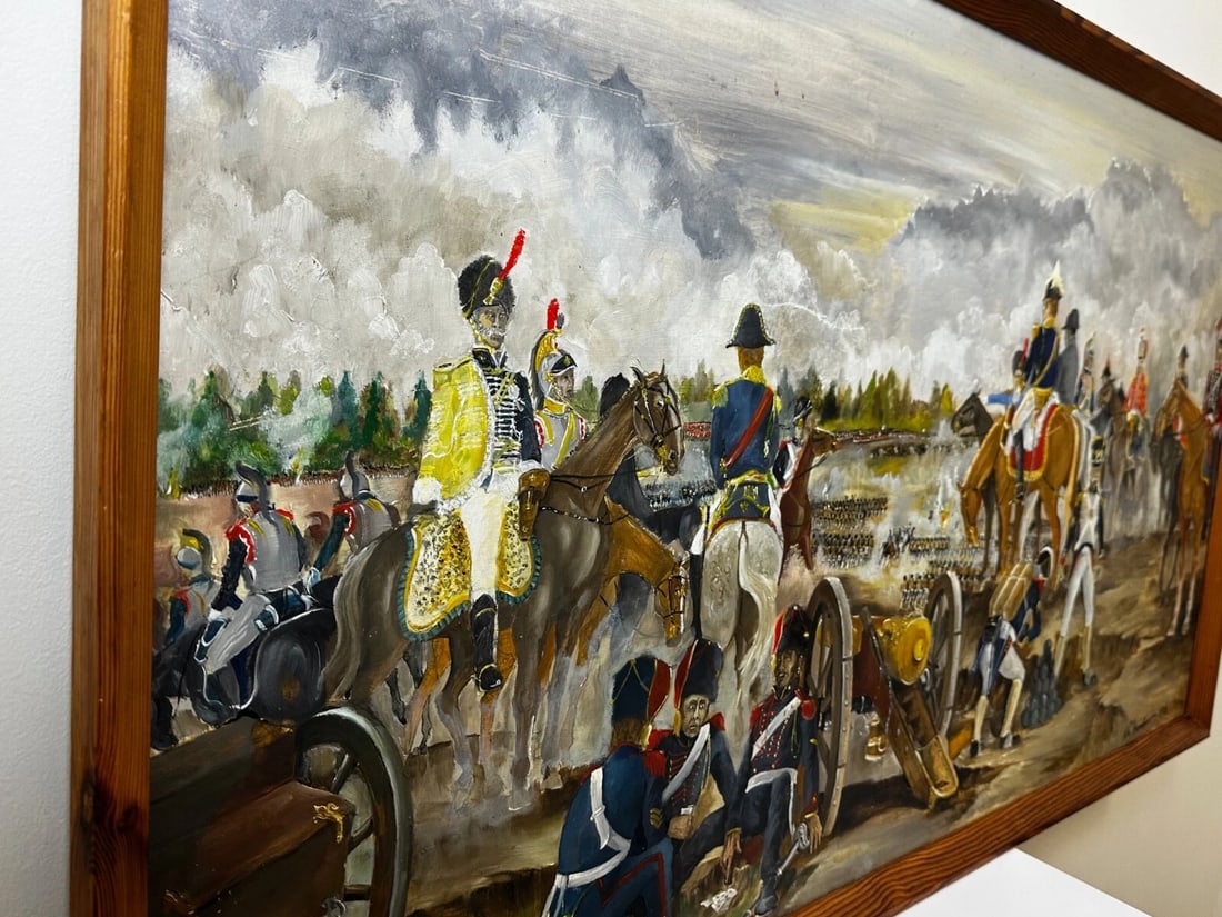 Oil Painting Battle Waterloo Red Coats Against French Napoleon & Ney Overlooking - 11