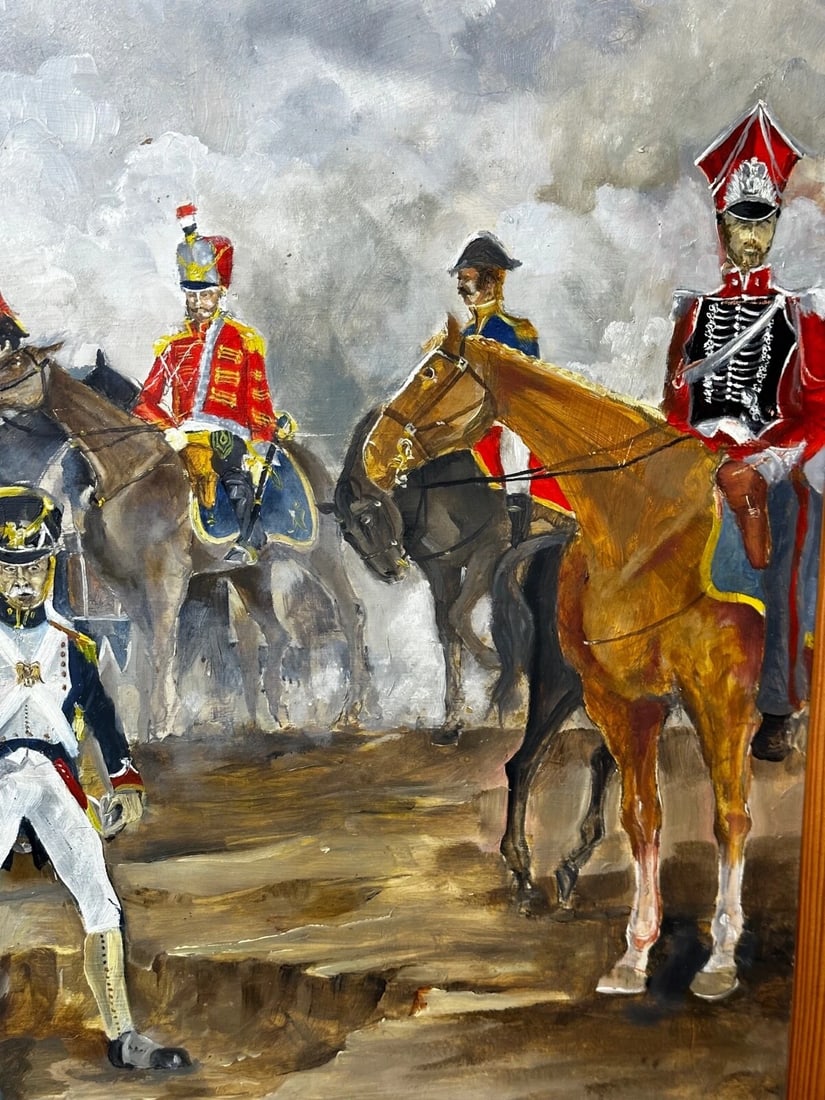 Oil Painting Battle Waterloo Red Coats Against French Napoleon & Ney Overlooking - 17