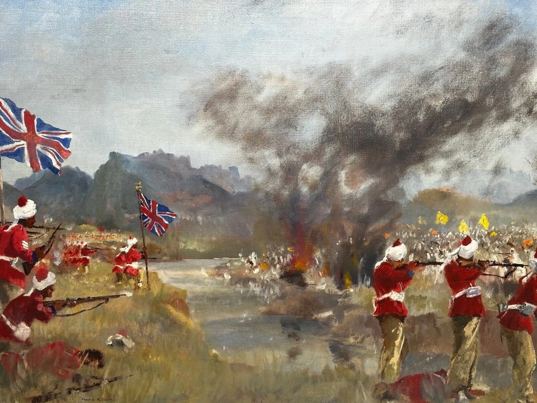 Oil Painting Military Battle Kam Dakkha 2nd Afghan War By Francis Russell Flint - 3