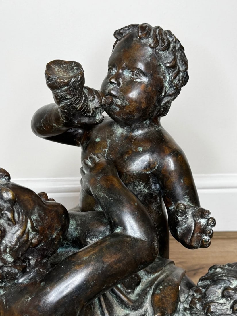 Grand Tour French Bronze Group Call of the Triton Conch Sea Putti After Clodion - 18