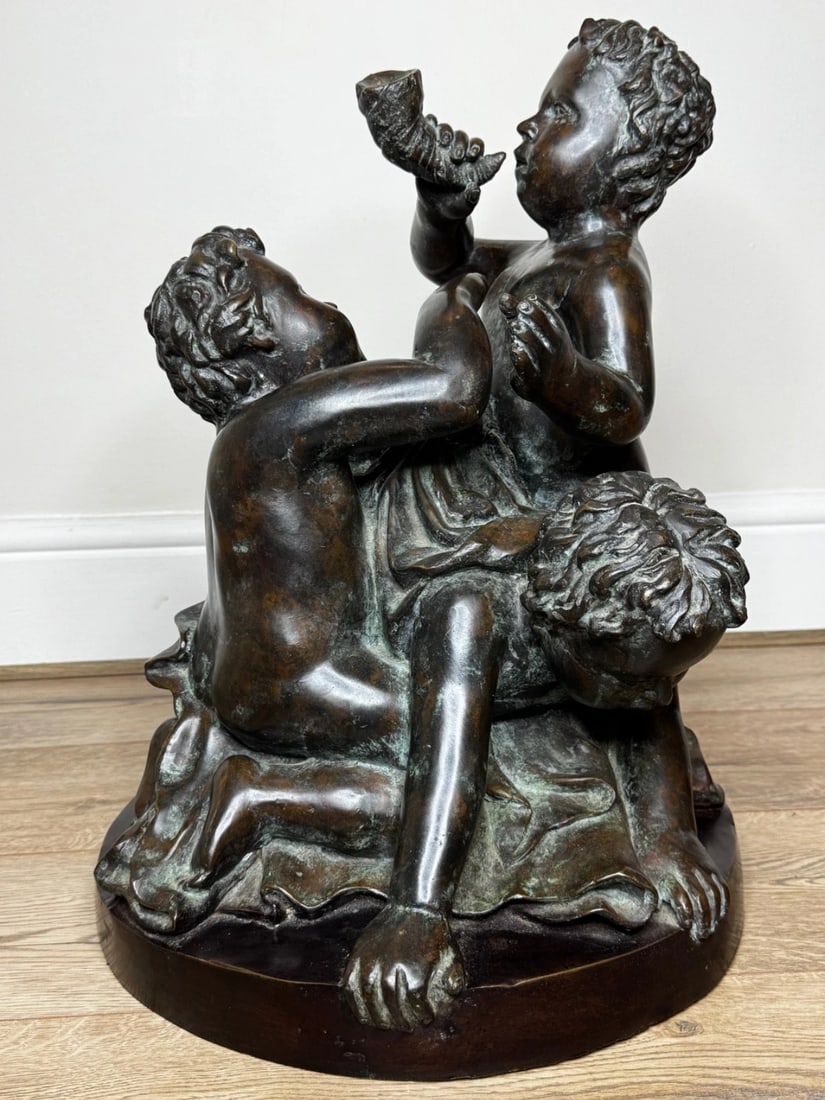 Grand Tour French Bronze Group Call of the Triton Conch Sea Putti After Clodion - 4
