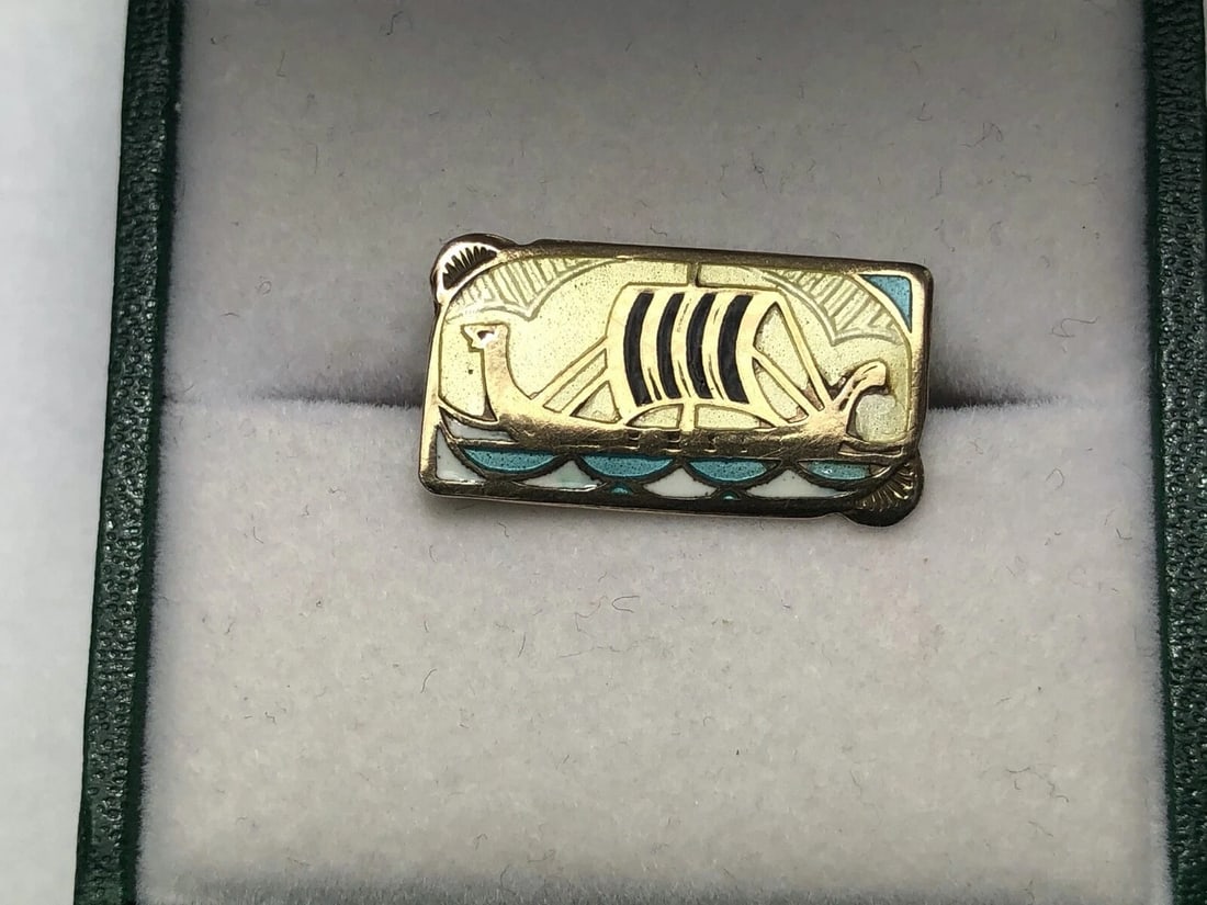 Antique Art Nouveau 925 Silver Gilt Enamel Viking Ship Brooch Gustav Gaudernack - 10