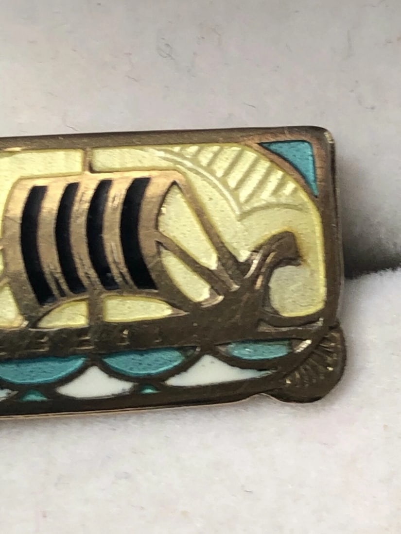 Antique Art Nouveau 925 Silver Gilt Enamel Viking Ship Brooch Gustav Gaudernack - 9