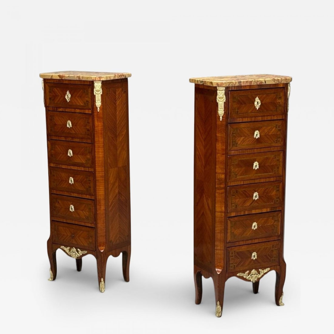 Louis XV Style, Tulipwood, Marquetry, Marble, Lingerie Chests, France, 1910s - 2