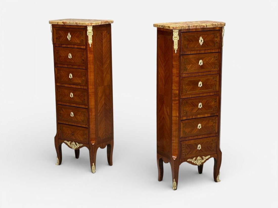 Louis XV Style, Tulipwood, Marquetry, Marble, Lingerie Chests, France, 1910s - 3
