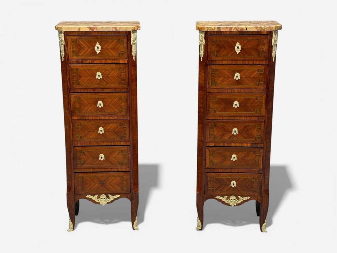 Louis XV Style, Tulipwood, Marquetry, Marble, Lingerie Chests, France, 1910s - 5