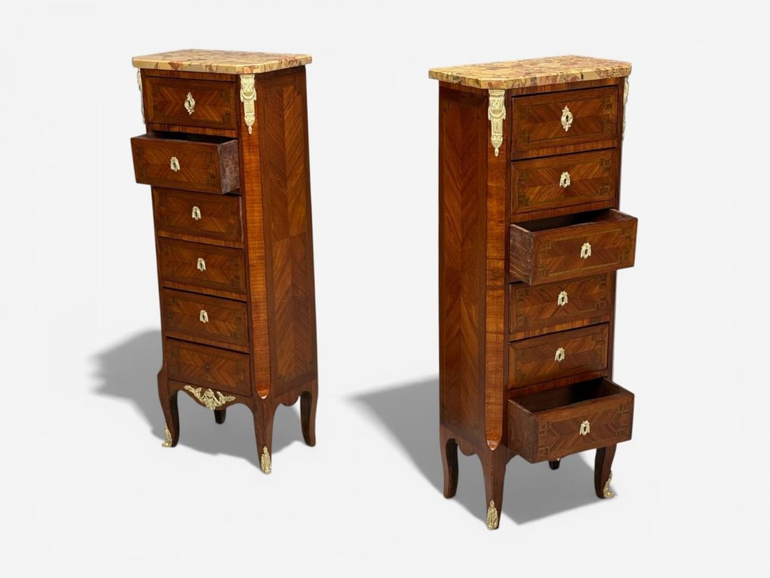 Louis XV Style, Tulipwood, Marquetry, Marble, Lingerie Chests, France, 1910s - 6