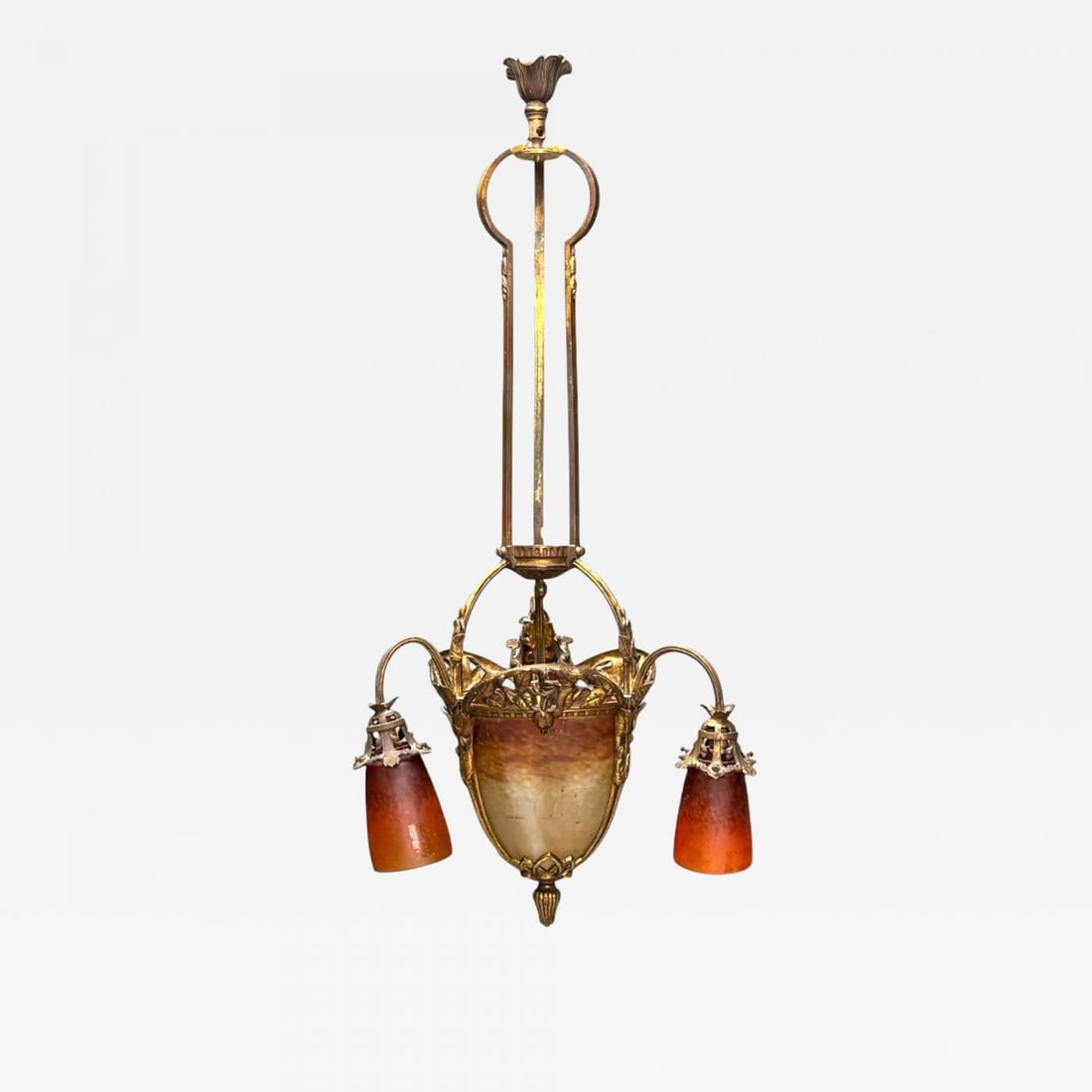 Muller Frères, French Art Deco, Bronze, Glass, Chandelier, France, 1920s - 2