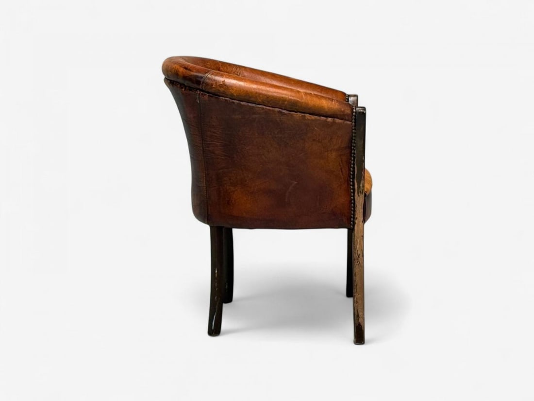 Georgian Style, Distressed Brown Leather, Stained Wood, Tub Chair, USA, 1960s - 8