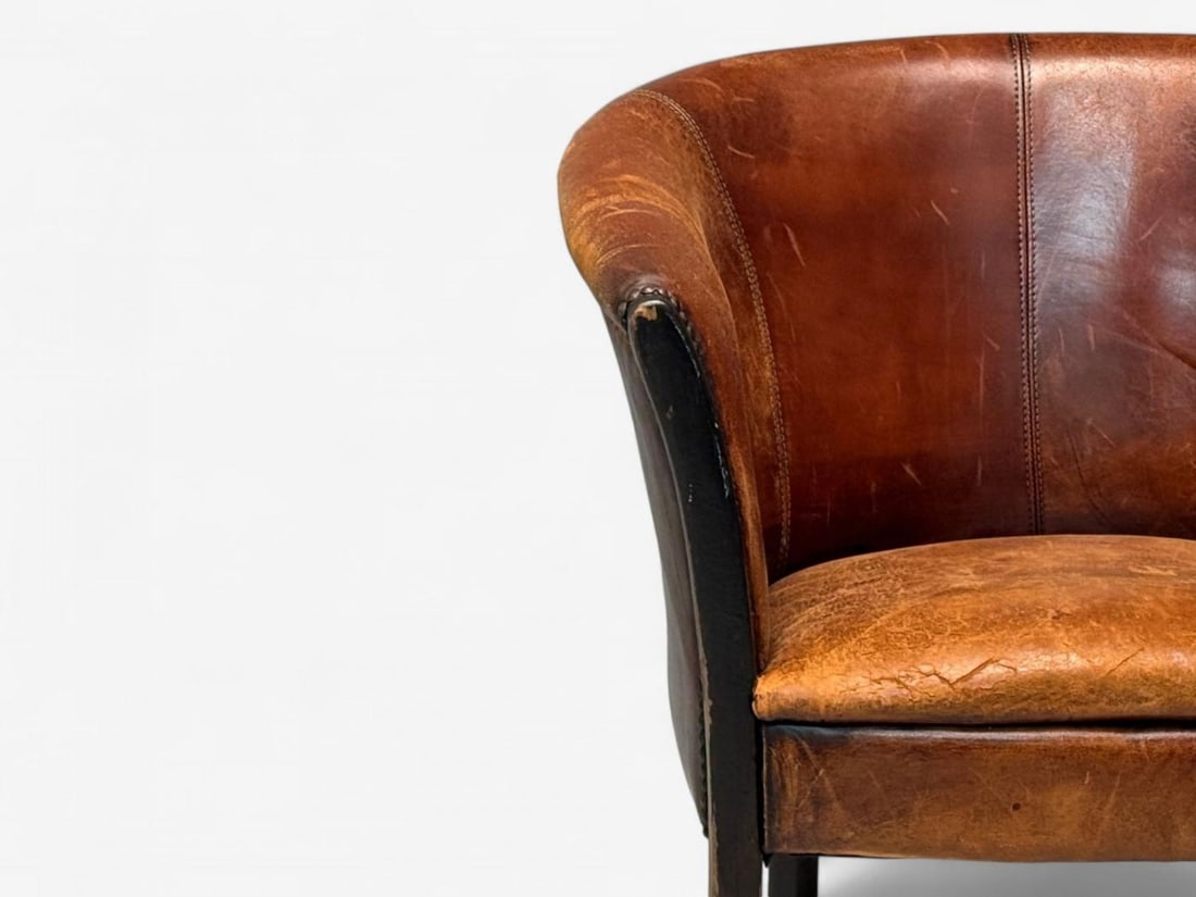Georgian Style, Distressed Brown Leather, Stained Wood, Tub Chair, USA, 1960s - 9