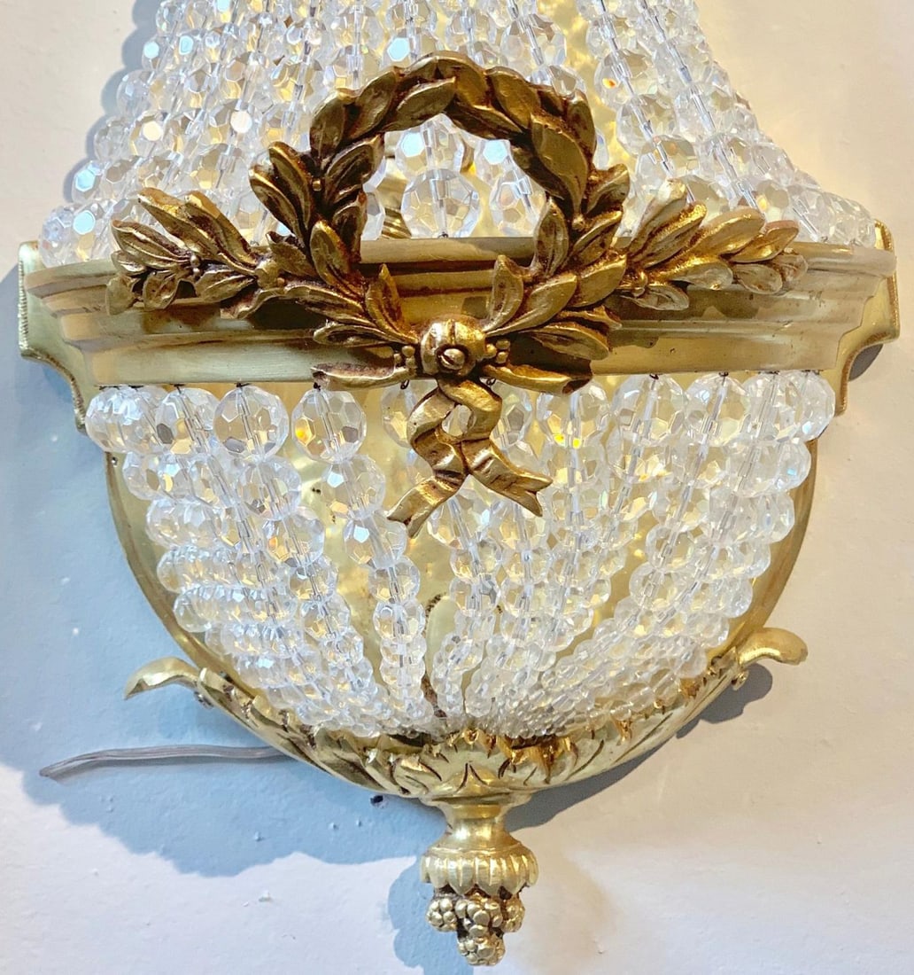 Pair of Louis XVI Style Bronze and Crystal Beaded Diminutive Wall Sconce - 10