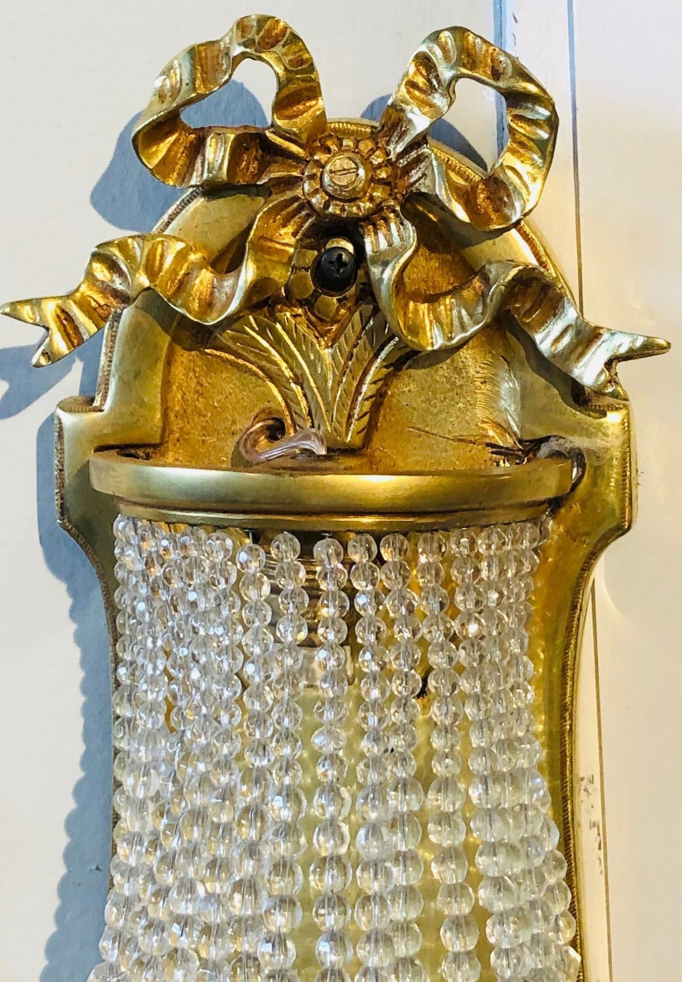 Pair of Louis XVI Style Bronze and Crystal Beaded Diminutive Wall Sconce - 13