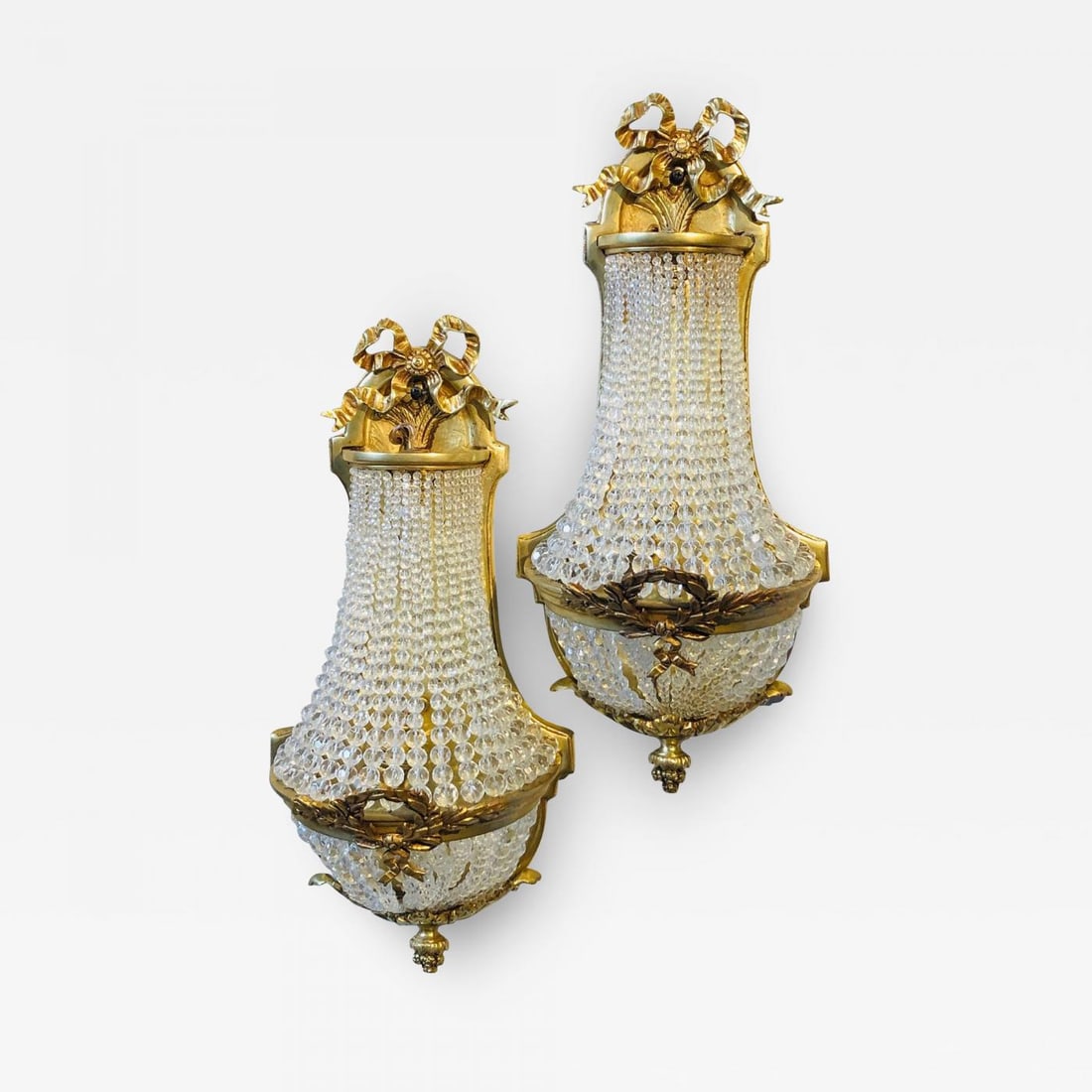 Pair of Louis XVI Style Bronze and Crystal Beaded Diminutive Wall Sconce (1 of 13)