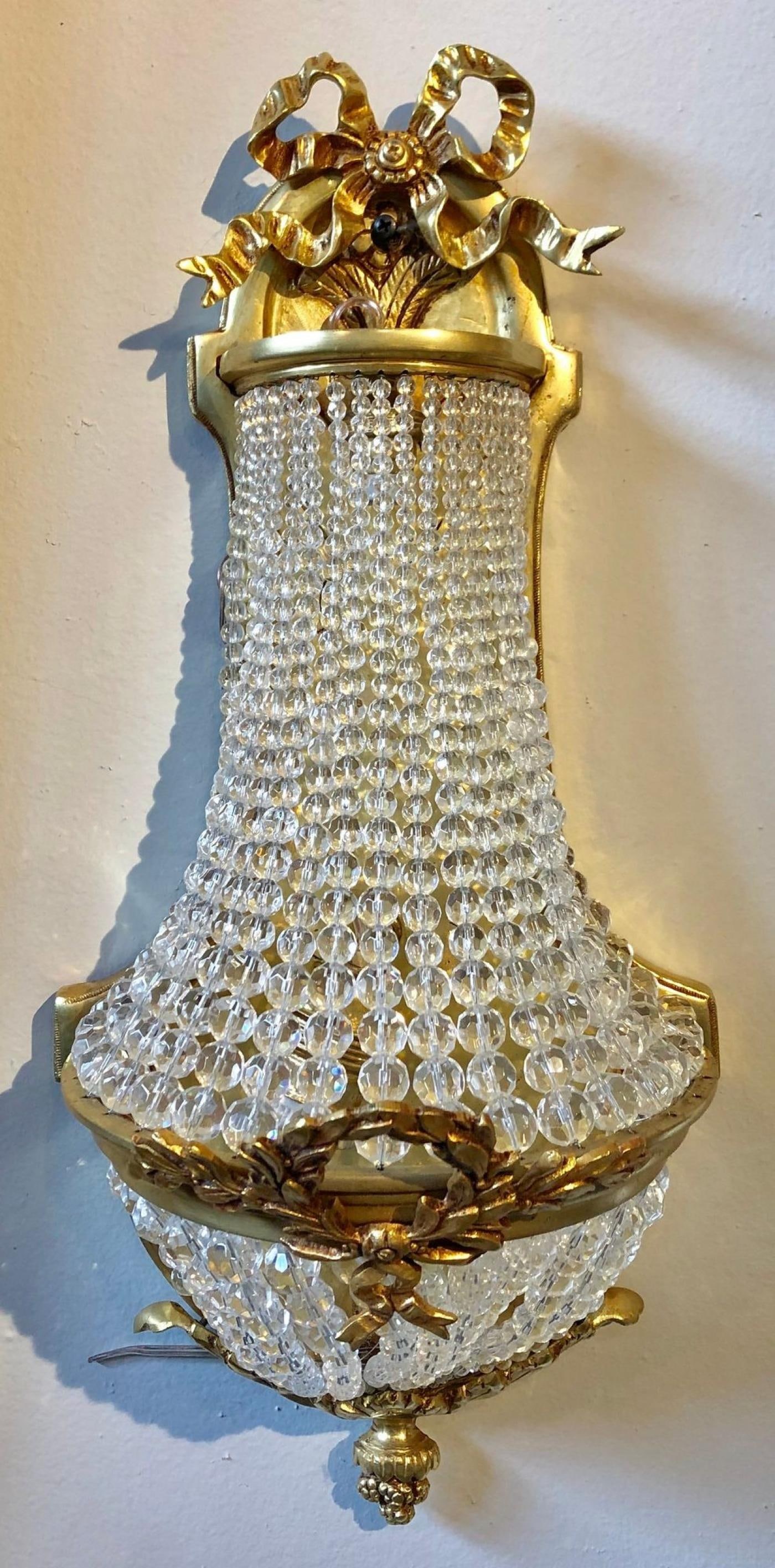 Pair of Louis XVI Style Bronze and Crystal Beaded Diminutive Wall Sconce - 4
