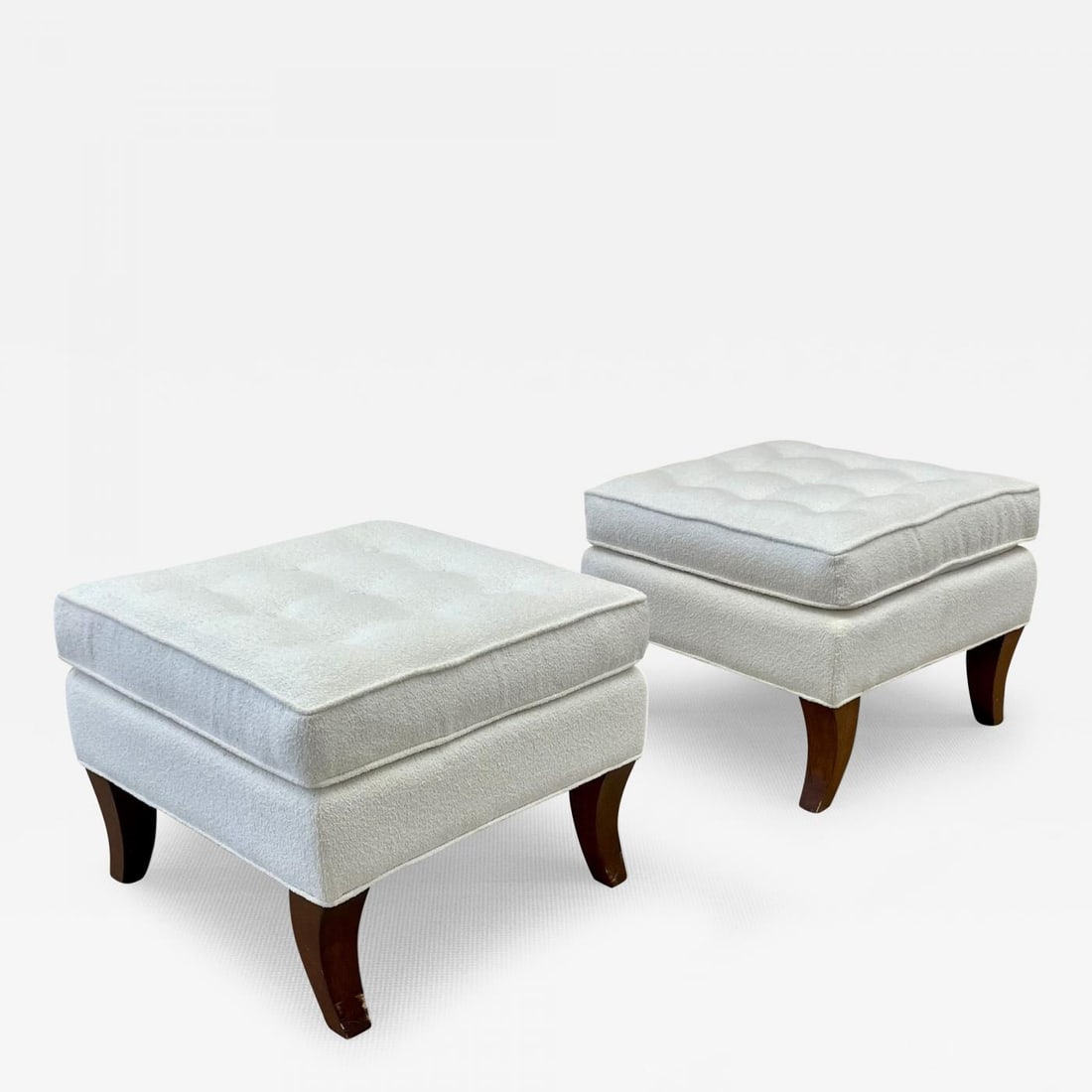 Mid-Century Modern American Designer Tufted Ottomans, Stools, Walnut, Bouclé - 2