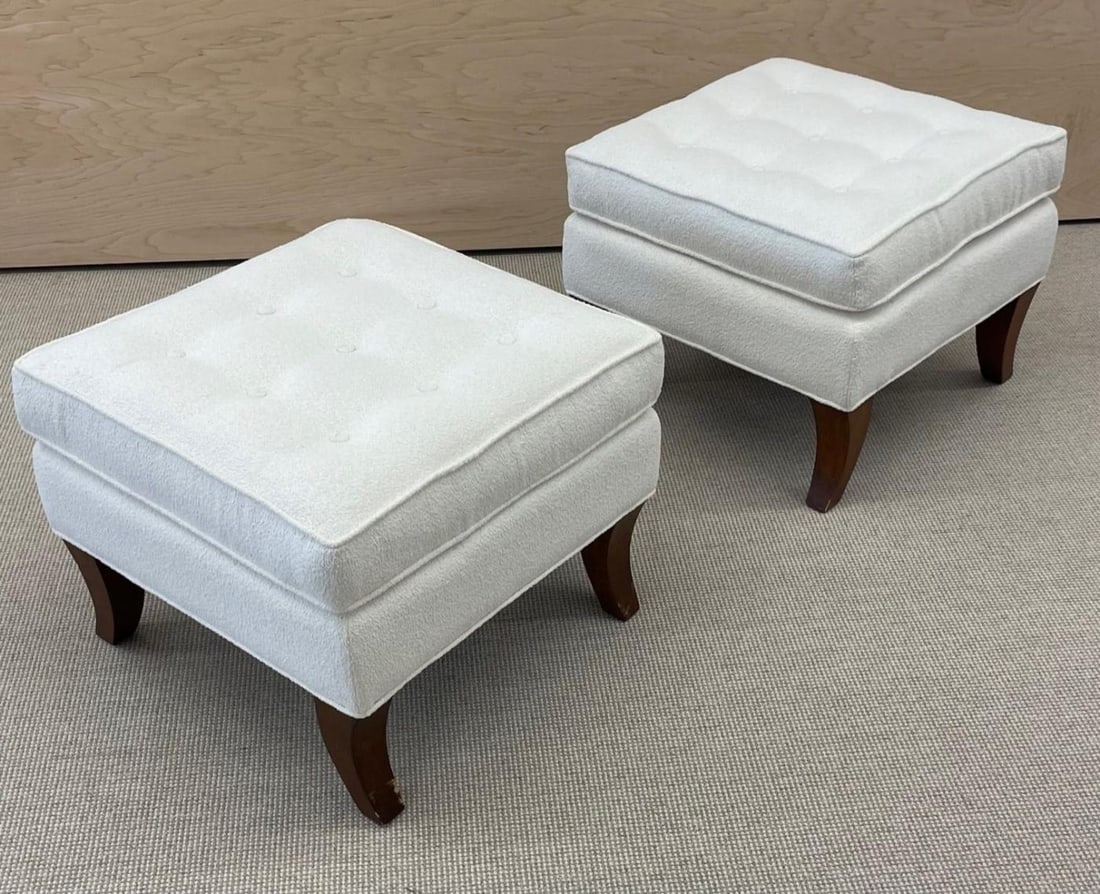 Mid-Century Modern American Designer Tufted Ottomans, Stools, Walnut, Bouclé - 3