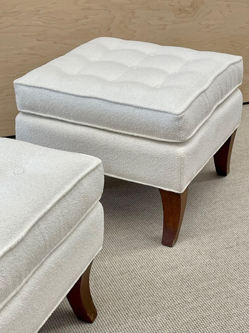 Mid-Century Modern American Designer Tufted Ottomans, Stools, Walnut, Bouclé - 6