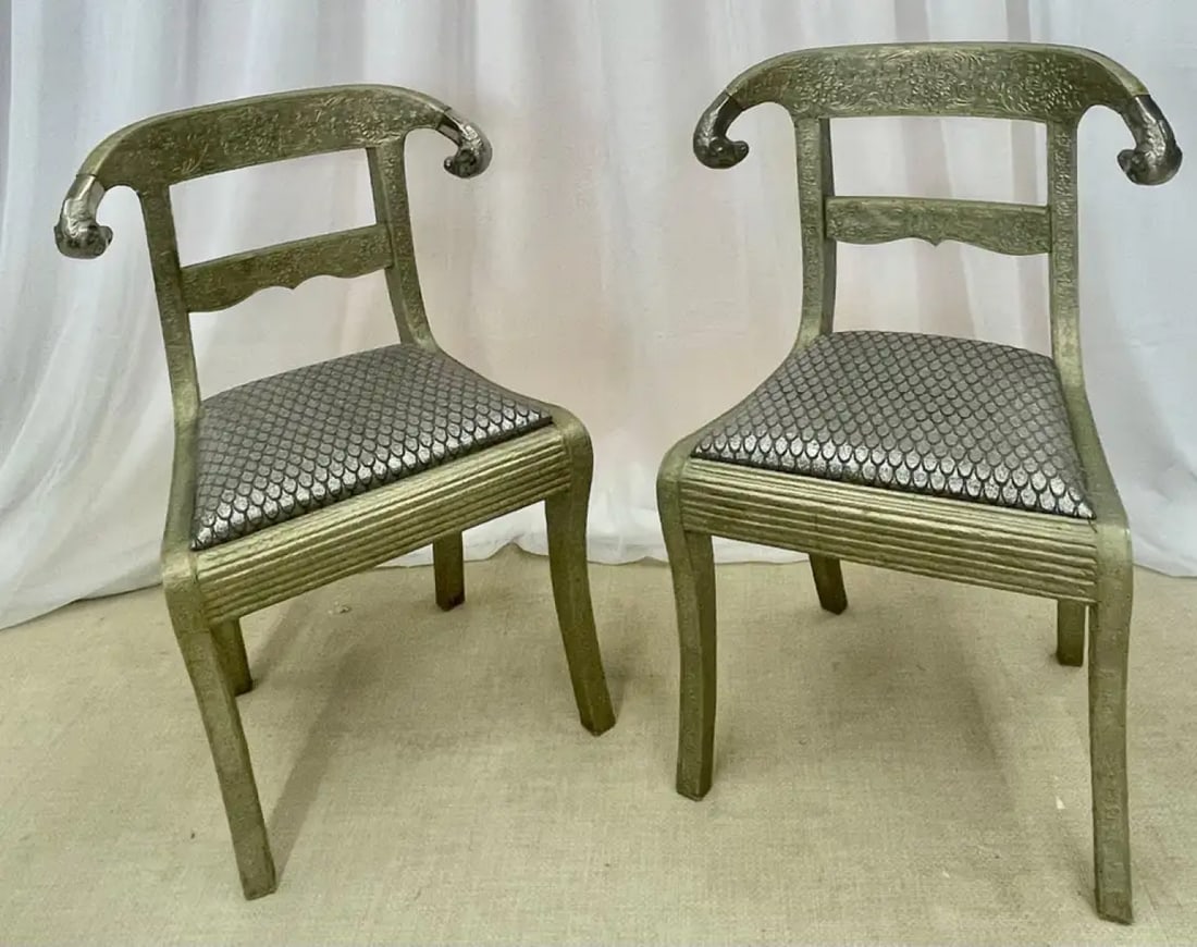 Pair of Neoclassical Side Chairs, Wrapped Metal, Rams Heads, European, Gustavian - 3