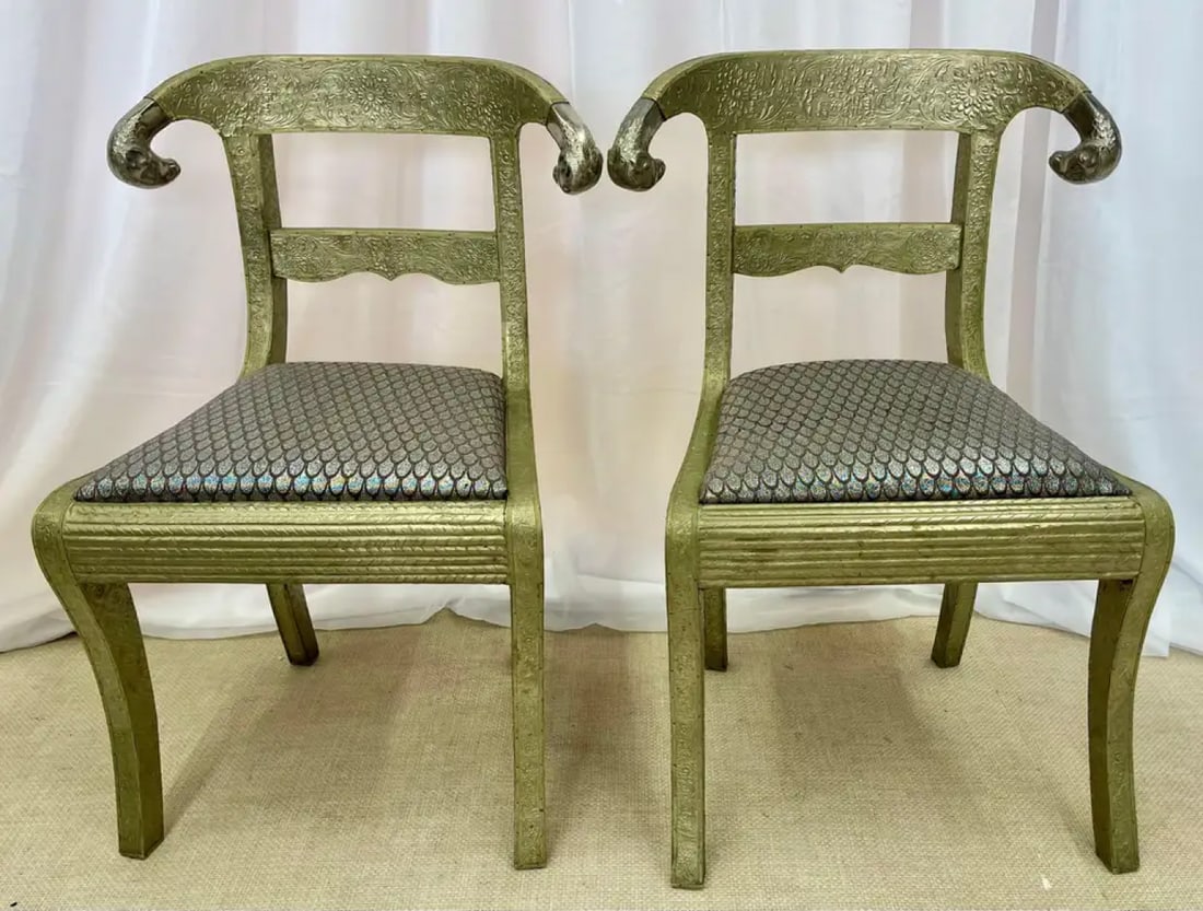 Pair of Neoclassical Side Chairs, Wrapped Metal, Rams Heads, European, Gustavian - 4