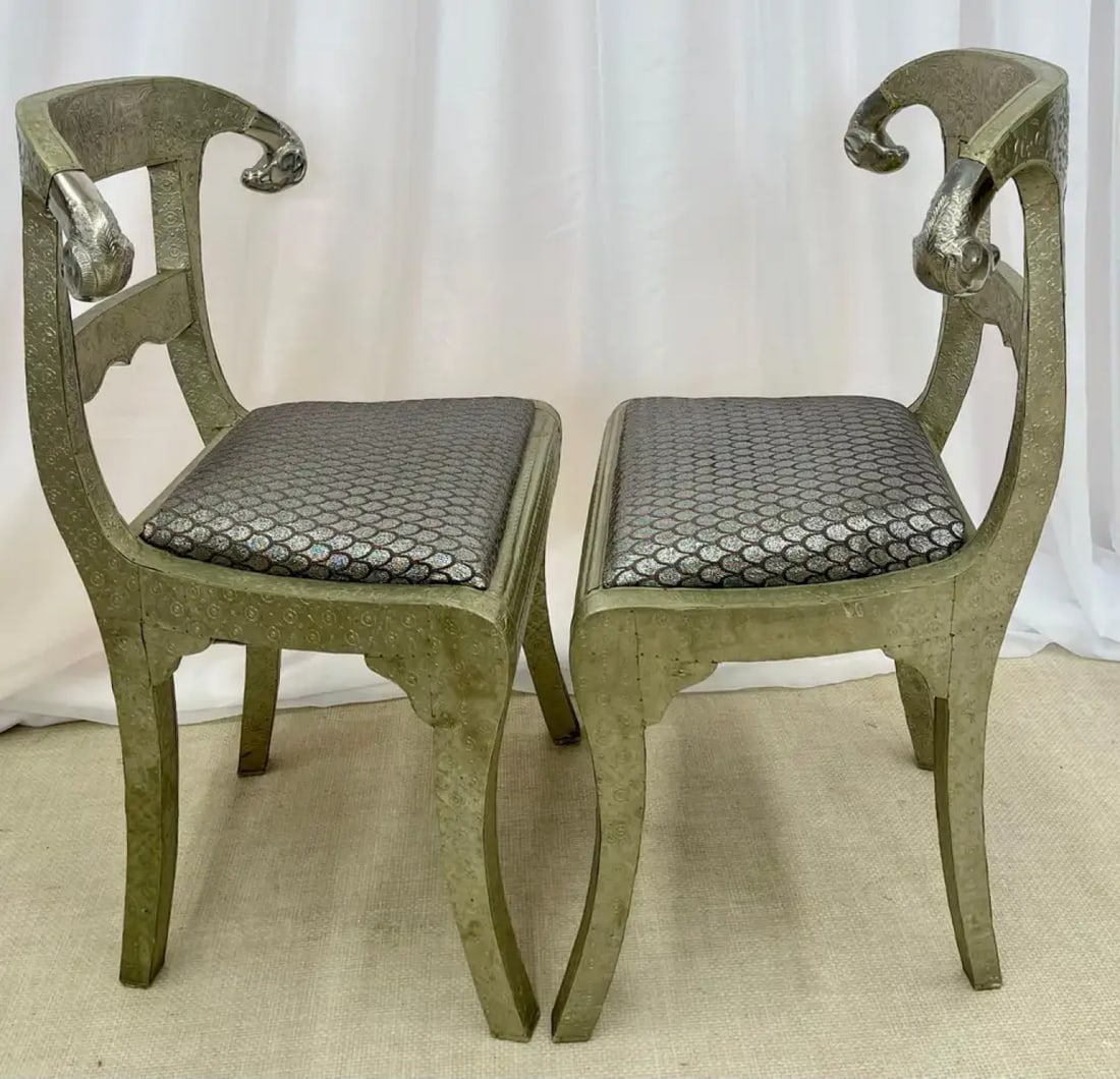 Pair of Neoclassical Side Chairs, Wrapped Metal, Rams Heads, European, Gustavian - 5