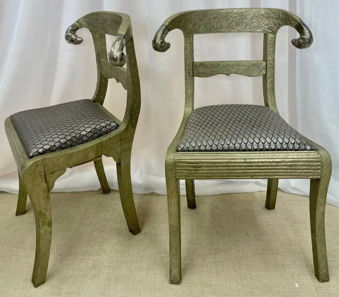 Pair of Neoclassical Side Chairs, Wrapped Metal, Rams Heads, European, Gustavian - 6