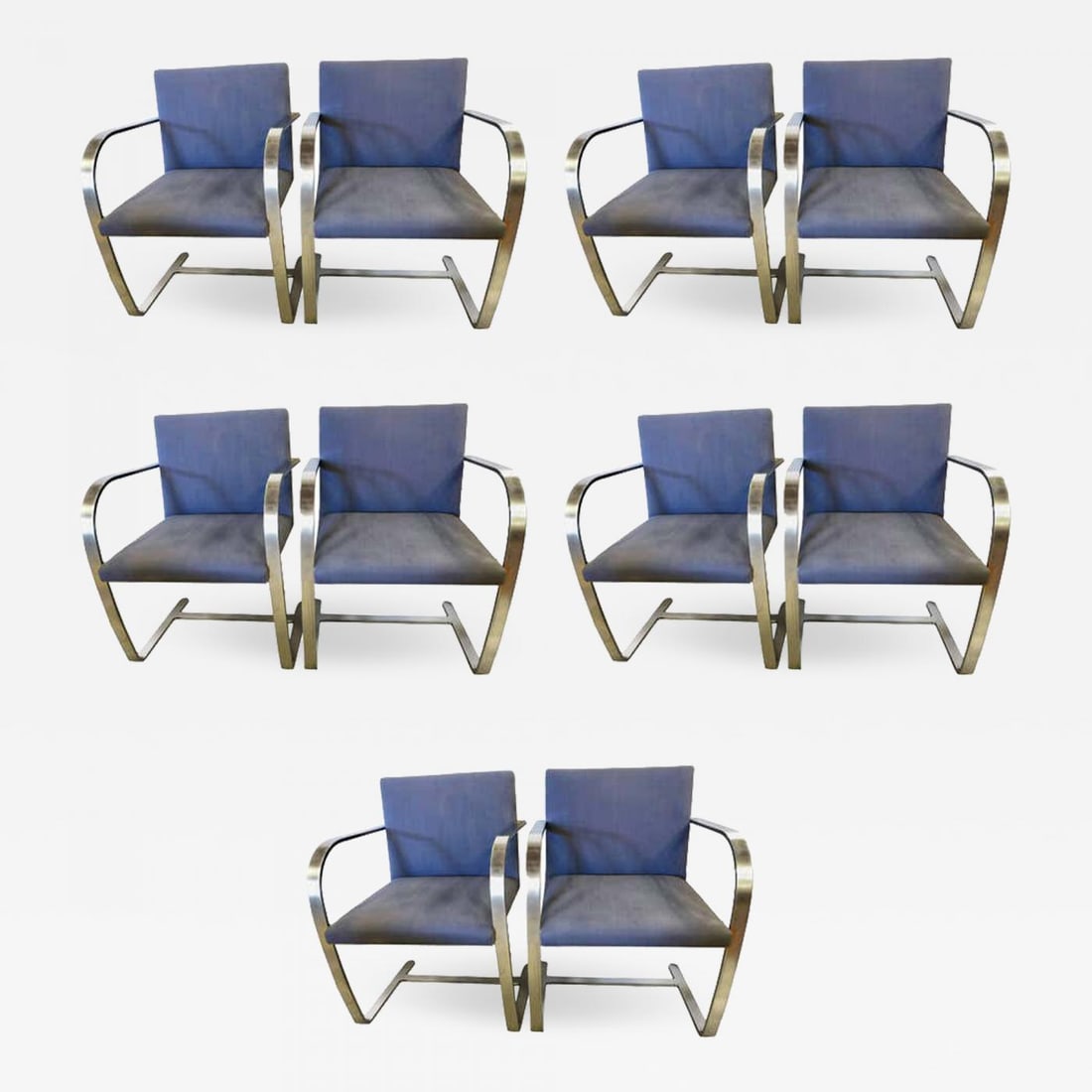 Rare Set of Ten Mies van der Rohe Dining Chairs for Knoll: Rare set of ten Mies van der Rohe dining chairs for Knoll. Set of ten flat bar Brno chairs attributed to Ludwig Mies van der Rohe for Knoll. This wonderful set of ten dining chairs appear to have neve