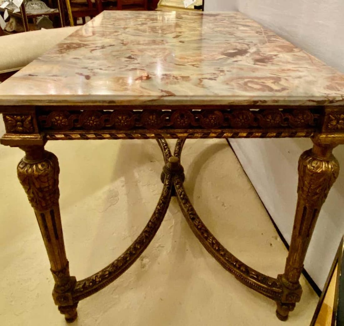 Center Table or Console Louis XVI Jansen Style Stunning Marble Top Gilt Base - 13