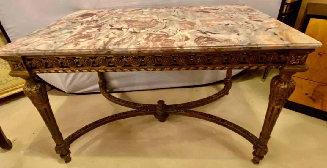 Center Table or Console Louis XVI Jansen Style Stunning Marble Top Gilt Base - 8