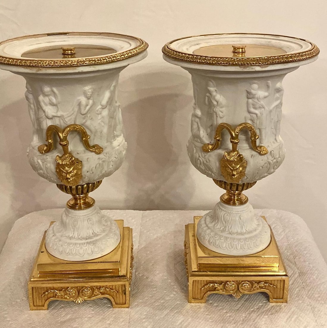 Neoclassical Sevres Parian and Doré Bronze Mounted Urns or Vases 1920s a Pair - 3