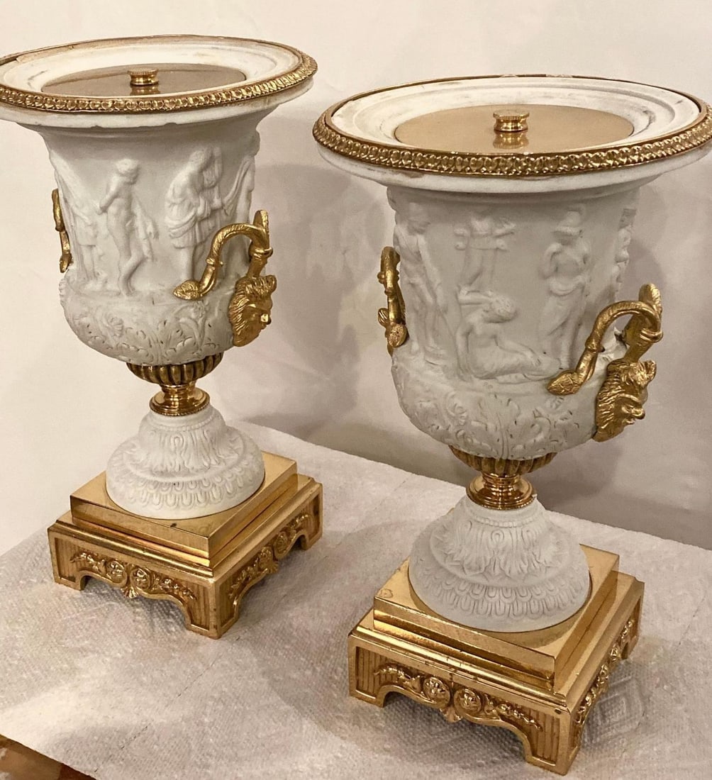 Neoclassical Sevres Parian and Doré Bronze Mounted Urns or Vases 1920s a Pair - 4