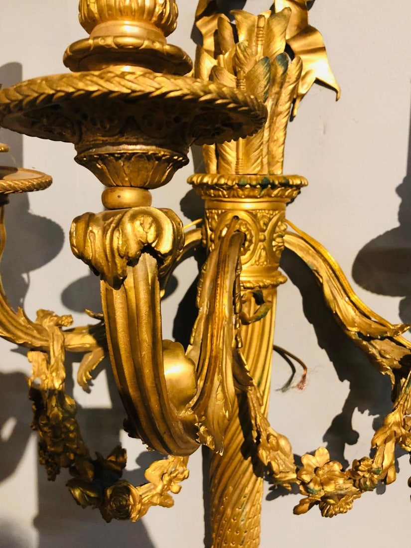 Set of Four Large Ornate Three-Light Torch and Ribbon Form Wall Sconces - 11
