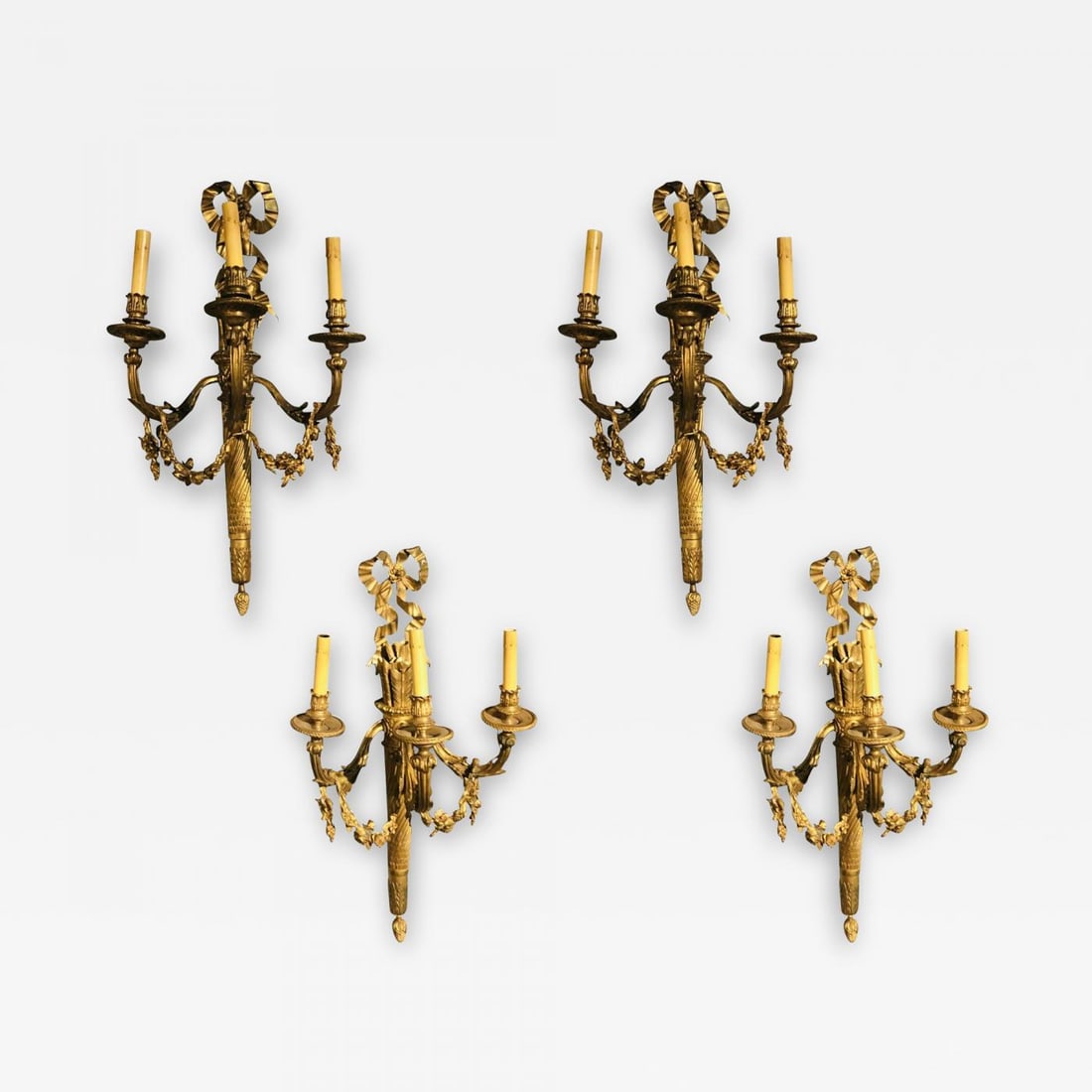 Set of Four Large Ornate Three-Light Torch and Ribbon Form Wall Sconces (1 of 13)