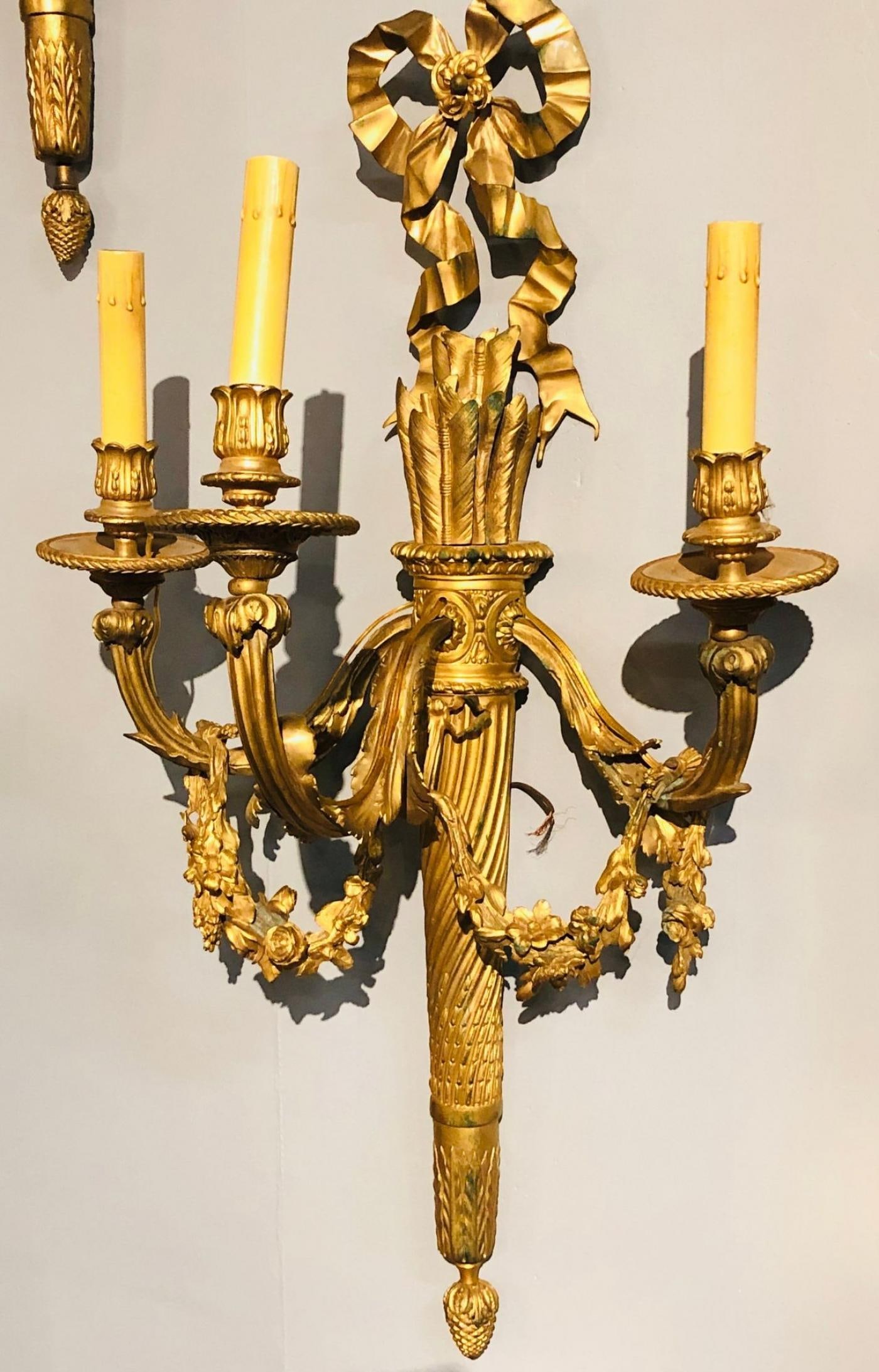 Set of Four Large Ornate Three-Light Torch and Ribbon Form Wall Sconces - 9