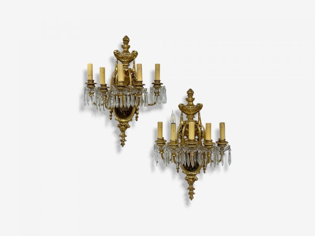 French Louis XVI Style, Bronze, Crystal, Rams Head Five Light Sconces, 1920s - 3