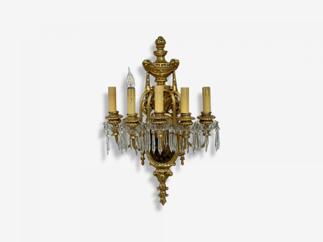 French Louis XVI Style, Bronze, Crystal, Rams Head Five Light Sconces, 1920s - 4