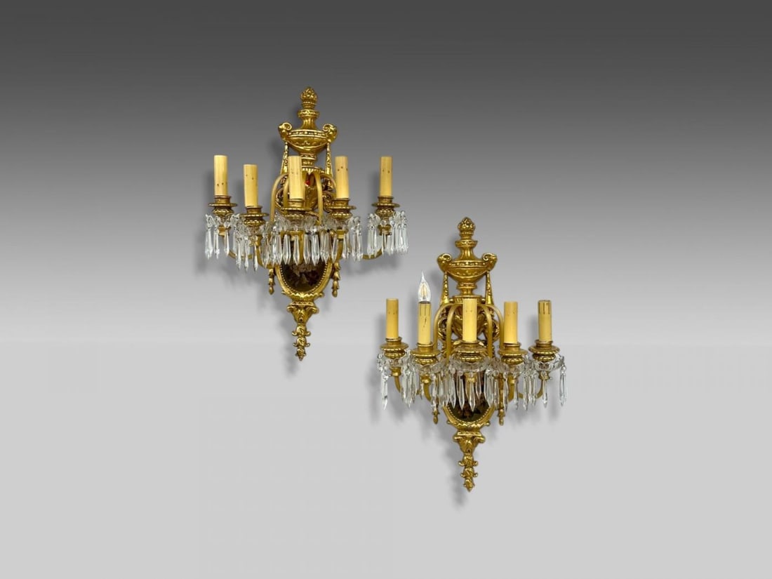 French Louis XVI Style, Bronze, Crystal, Rams Head Five Light Sconces, 1920s - 5
