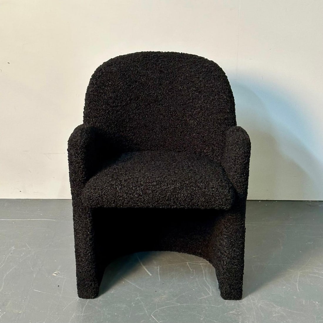 Single Mid-Century Modern Style Arm / Lounge Chair, Black Boucle, Organic Form - 13