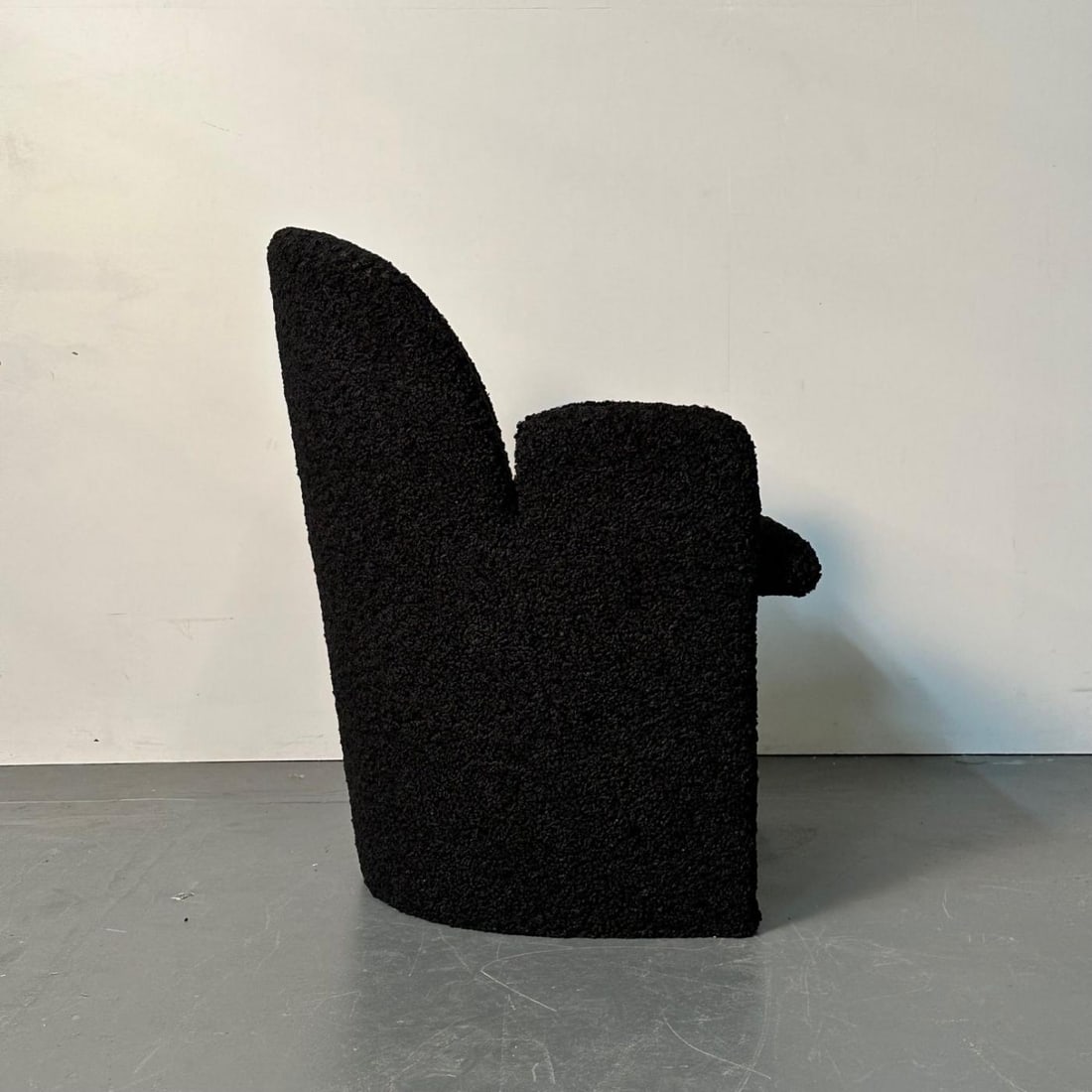 Single Mid-Century Modern Style Arm / Lounge Chair, Black Boucle, Organic Form - 7