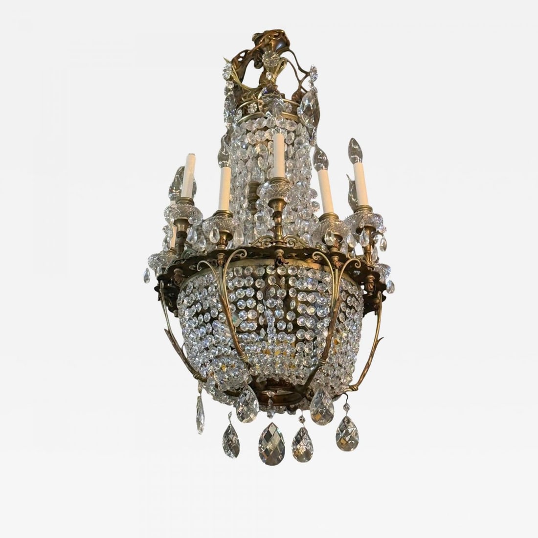 French Empire, Thirteen Light Basket Chandelier, Bronze, Crystal, France, 19th C (1 of 12)
