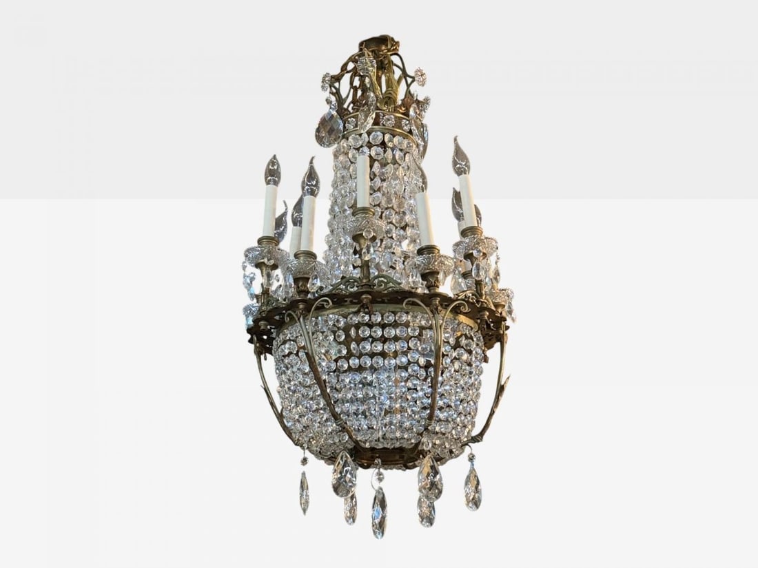 French Empire, Thirteen Light Basket Chandelier, Bronze, Crystal, France, 19th C - 4