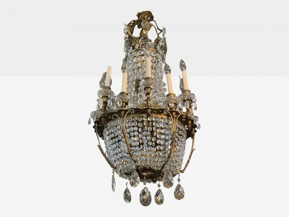 French Empire, Thirteen Light Basket Chandelier, Bronze, Crystal, France, 19th C - 5
