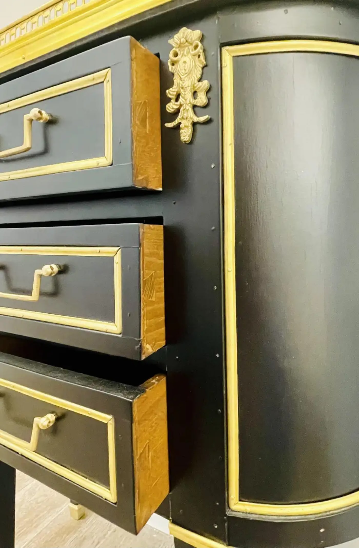 Pair of Jansen Inspired Marble-Top Galleried Ebonized End Tables / Nightstands - 11