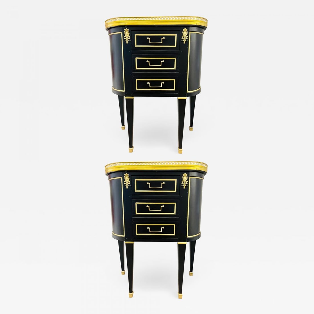 Pair of Jansen Inspired Marble-Top Galleried Ebonized End Tables / Nightstands: Maison Jansen inspired marble-top galleried ebonized end tables and or nightstands with three drawers. Ebony Wood, Bronze, Marble France, 1960s Pair of Jansen inspired marble-top galleried ebonized en