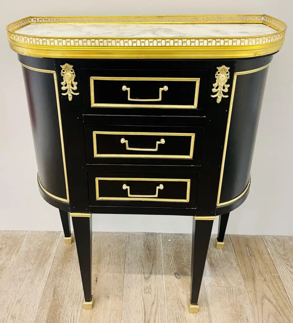 Pair of Jansen Inspired Marble-Top Galleried Ebonized End Tables / Nightstands - 5