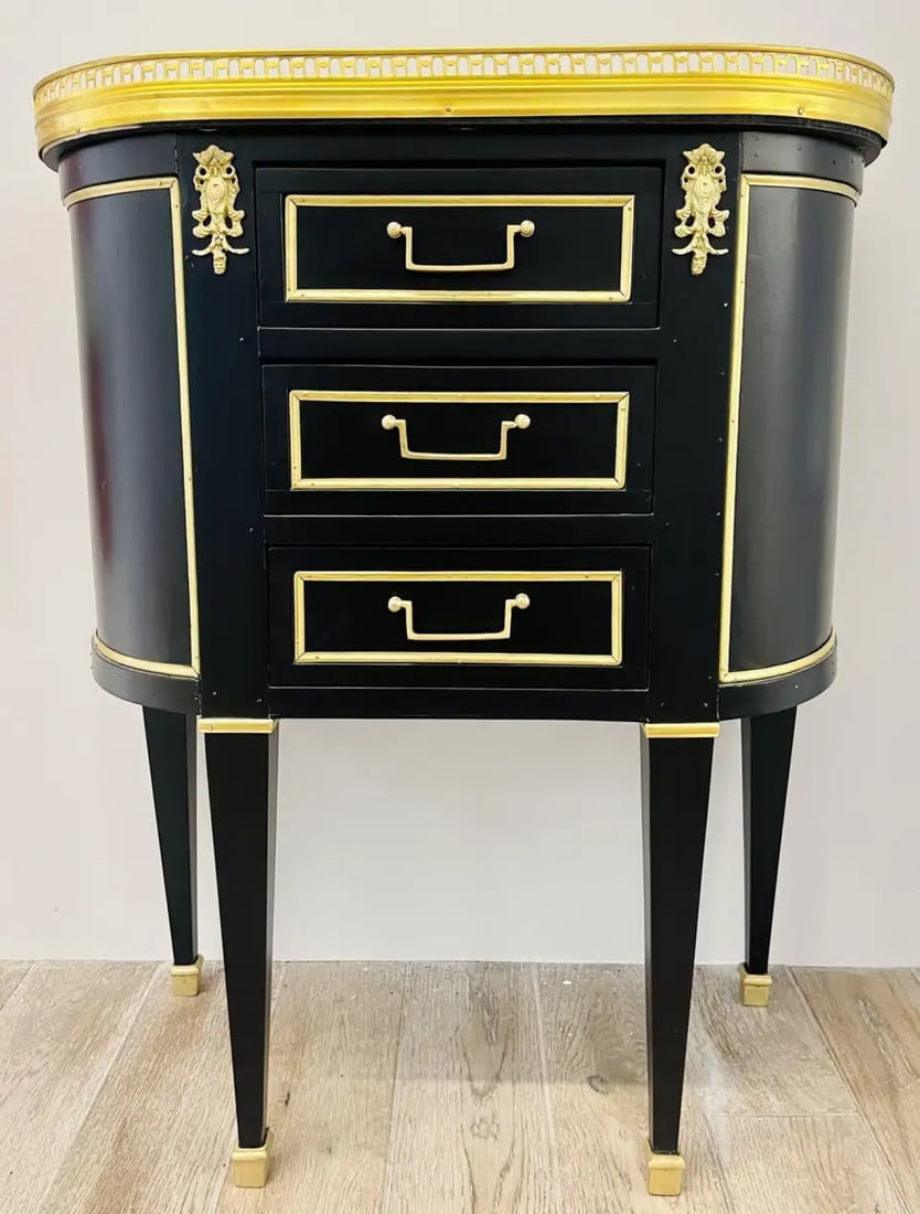 Pair of Jansen Inspired Marble-Top Galleried Ebonized End Tables / Nightstands - 6