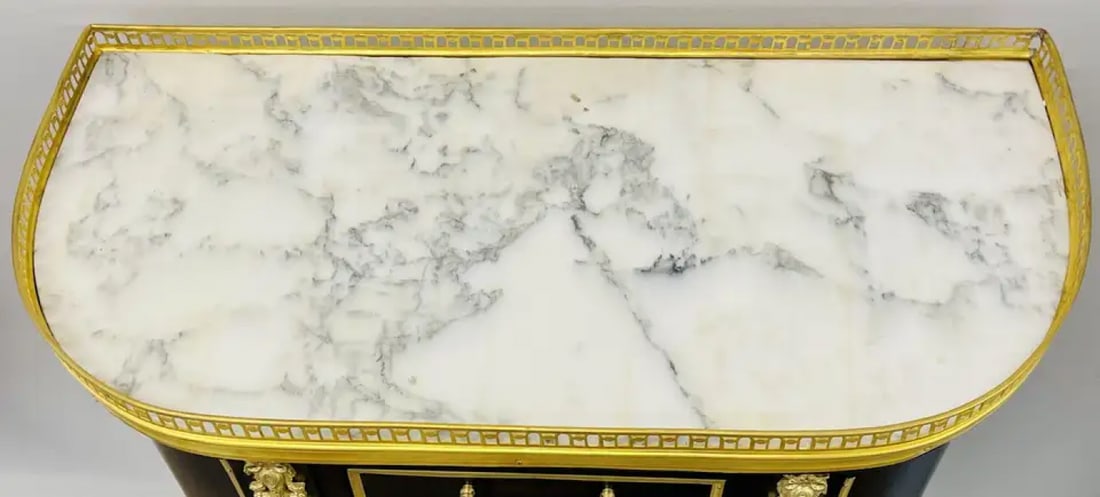 Pair of Jansen Inspired Marble-Top Galleried Ebonized End Tables / Nightstands - 8