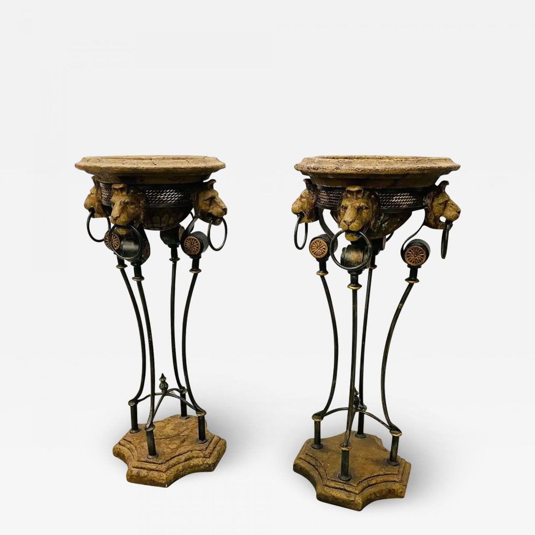 Pair of Figural Empire Style Jardinières, Planters on Stands, Europe, 1960s: A Pair of Neoclassical Style Planters / Jardinières on Metal Stands. Each having four lions with rings in their mouths on a metal stand supported by an octagonal Antique base. The removable potte