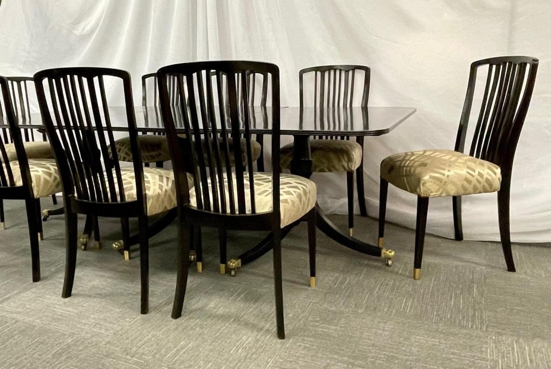 Hollywood Regency Triple Pedestal Ebony Dining Table, Maison Jansen - 3